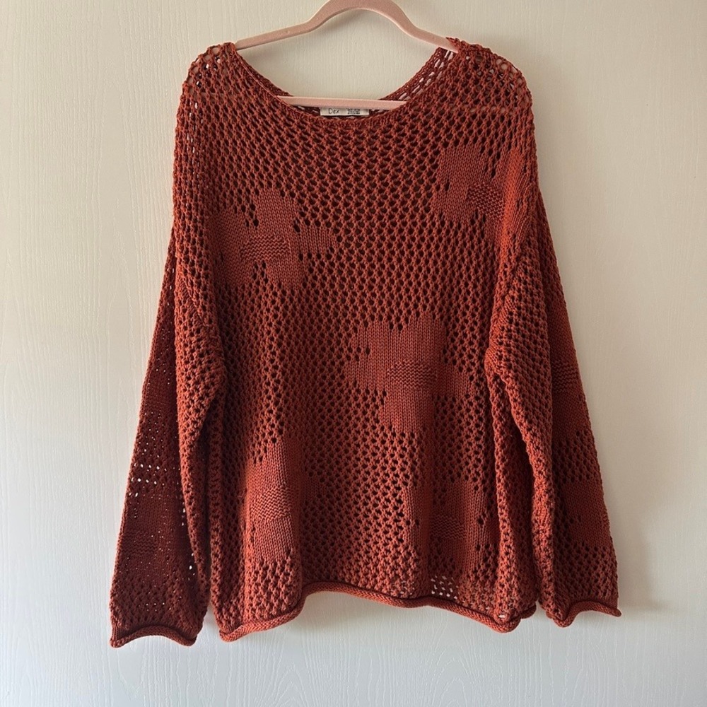 Dex Boho Cottagecore Rust Orange Open Knit Crochet Style Sweater Plus Size 2X